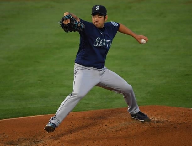 Yusei Kikuchi of the Seattle Mariners pitches in the third inning of the game against the Los Angeles Angels at Angel Stadium of Anaheim on June 5,...