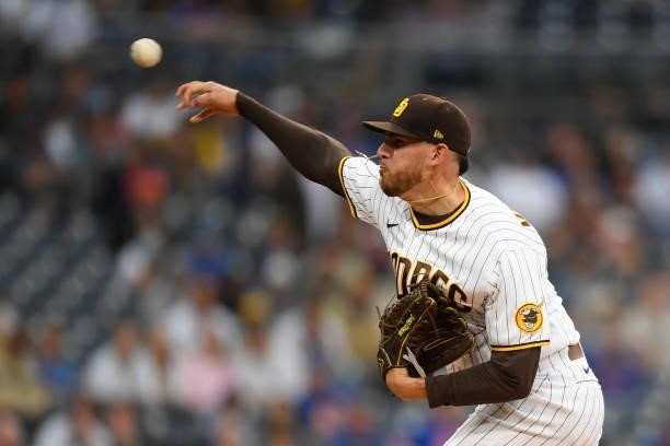 Joe Musgrove of the San Diego Padres pitches during the first inning of a baseball game against New York Mets at Petco Park on June 5, 2021 in San...