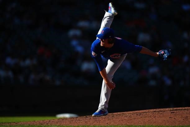 Dan Winkler of the Chicago Cubs pitches during the game between the Chicago Cubs and the San Francisco Giants at Oracle Park on Saturday, June 5,...