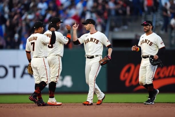 The San Francisco Giants celebrate after winning the game between the Chicago Cubs and the San Francisco Giants at Oracle Park on Saturday, June 5,...
