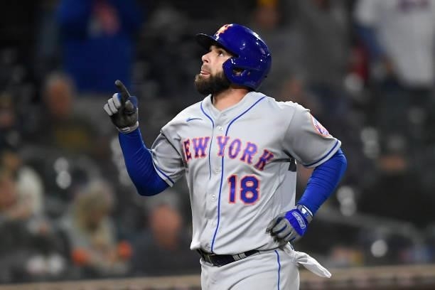 Jose Peraza of the New York Mets celebrates after hitting a solo home run during the fifth inning of a baseball game against San Diego Padres at...