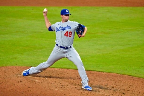 Blake Treinen of the Los Angeles Dodgers pitches against the Atlanta Braves in the bottom of the seventh inning at Truist Park on June 5, 2021 in...