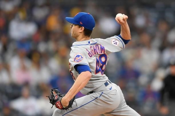 Jacob deGrom of the New York Mets pitches during the first inning of a baseball game against San Diego Padres at Petco Park on June 5, 2021 in San...