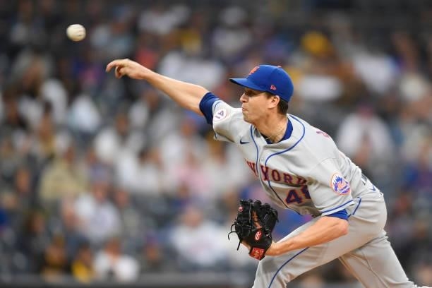 Jacob deGrom of the New York Mets pitches during the first inning of a baseball game against San Diego Padres at Petco Park on June 5, 2021 in San...