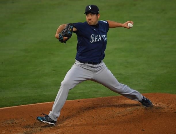 Yusei Kikuchi of the Seattle Mariners pitches in the third inning of the game against the Los Angeles Angels at Angel Stadium of Anaheim on June 5,...