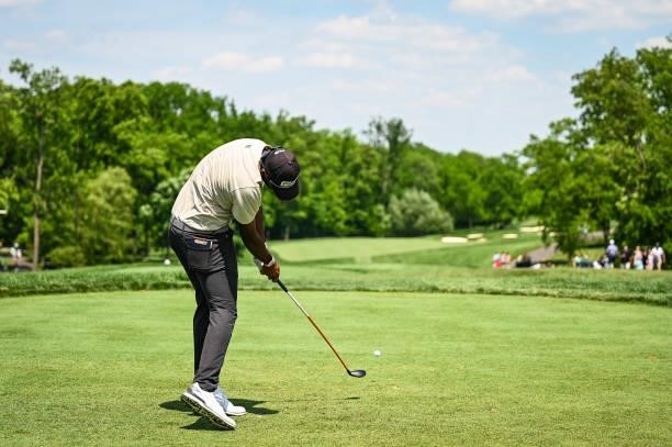 Sahith Theegala makes impact as he plays his shot from the first tee during the third round of the Memorial Tournament presented by Nationwide at...