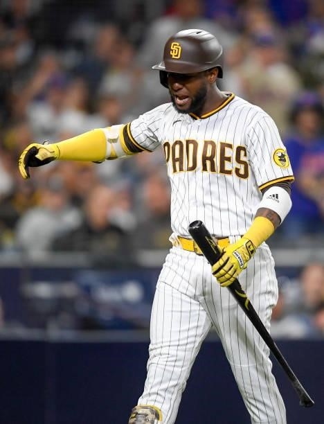 Jurickson Profar of the San Diego Padres reacts after being ejected during the eighth inning of a baseball game against New York Mets at Petco Park...