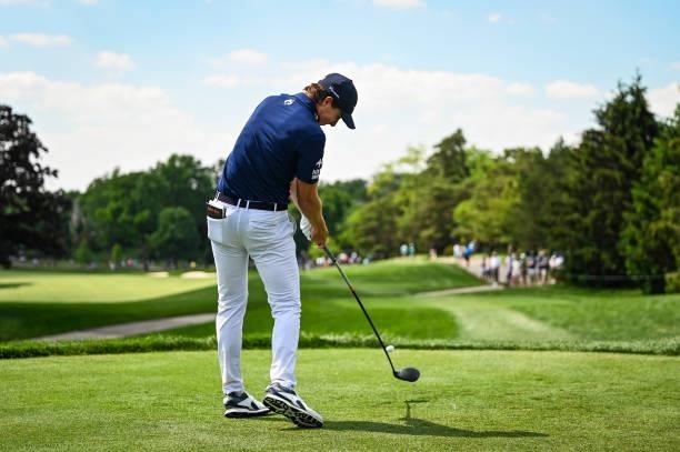 Carlos Ortiz of Mexico at impact as he plays his shot from the 11th tee during the third round of the Memorial Tournament presented by Nationwide at...