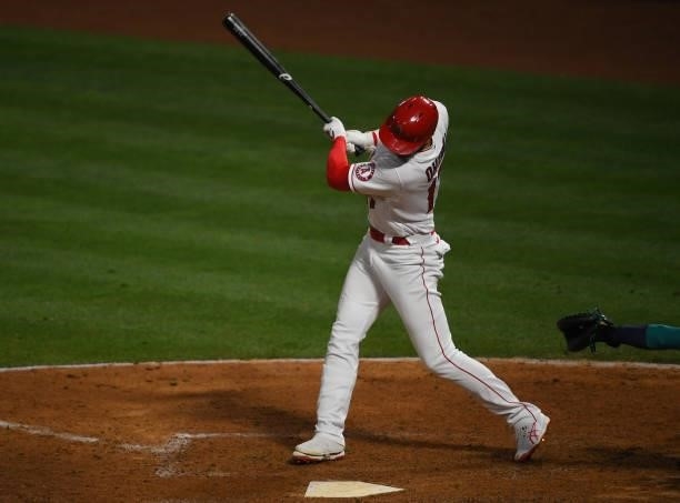 Shohei Ohtani of the Los Angeles Angels doubles in the eighth inning of the game against the Seattle Mariners at Angel Stadium of Anaheim on June 5,...