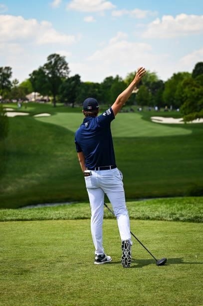 Carlos Ortiz of Mexico reacts fore right to his tee shot on the 10th hole during the third round of the Memorial Tournament presented by Nationwide...