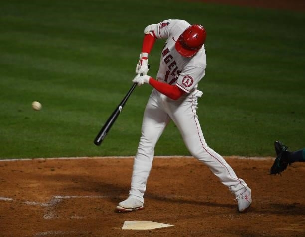 Shohei Ohtani of the Los Angeles Angels doubles in the eighth inning of the game against the Seattle Mariners at Angel Stadium of Anaheim on June 5,...