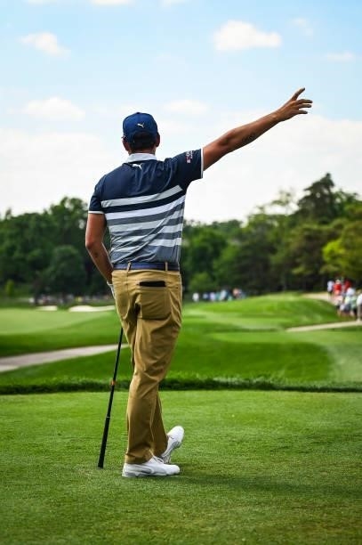 Rickie Fowler reacts fore right to his tee shot on the 11th hole during the third round of the Memorial Tournament presented by Nationwide at...