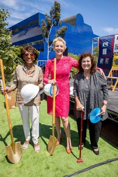 Maxine Waters, Sharon Stone and Jeanne White-Ginder are seen at the AIDS Monument Groundbreaking on June 05, 2021 in West Hollywood, California.