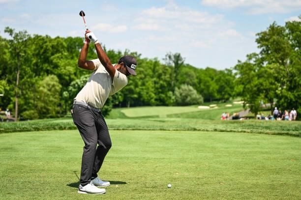 Sahith Theegala at the top of his swing as he plays his shot from the first tee during the third round of the Memorial Tournament presented by...