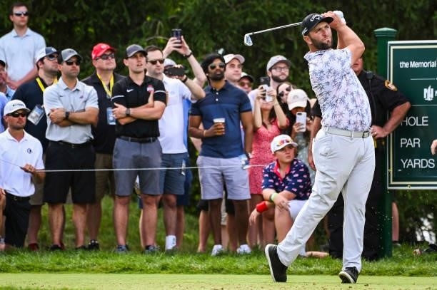 Jon Rahm of Spain follows through as he plays his shot from the 16th tee during the third round of the Memorial Tournament presented by Nationwide at...