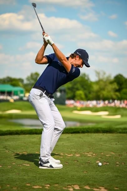 Carlos Ortiz of Mexico at the top of his swing as he plays his shot from the 16th tee during the third round of the Memorial Tournament presented by...