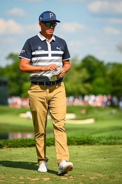 Rickie Fowler walks to the 16th tee box during the third round of the Memorial Tournament presented by Nationwide at Muirfield Village Golf Club on...
