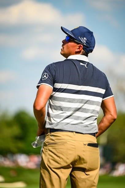 Rickie Fowler looks up on the 16th tee box during the third round of the Memorial Tournament presented by Nationwide at Muirfield Village Golf Club...