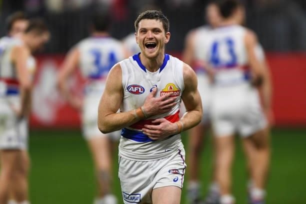 Taylor Duryea of the Bulldogs is happy with the win during the 2021 AFL Round 12 match between the Fremantle Dockers and the Western Bulldogs at...