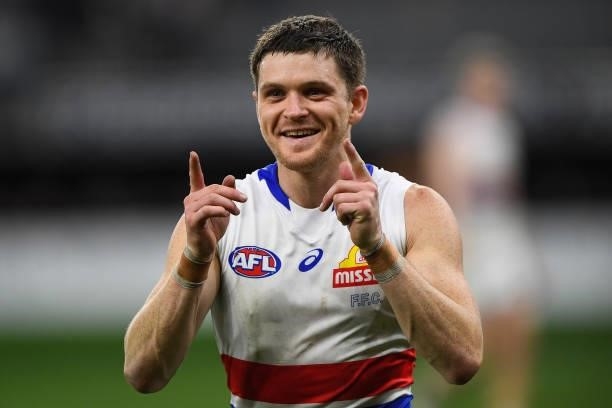 Taylor Duryea of the Bulldogs is happy with the win during the 2021 AFL Round 12 match between the Fremantle Dockers and the Western Bulldogs at...