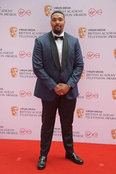 Jordan Banjo arrives at the Virgin Media British Academy Television Awards 2021 at Television Centre on June 6, 2021 in London, England.
