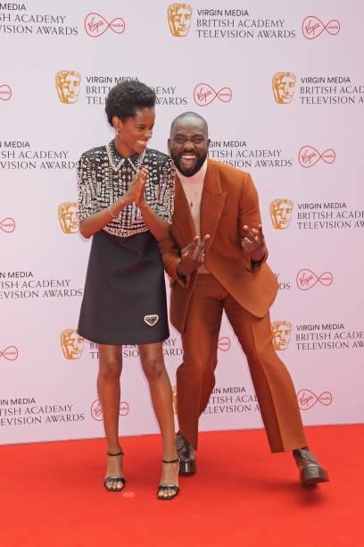 Letitia Wright and Paapa Essiedu arrive at the Virgin Media British Academy Television Awards 2021 at Television Centre on June 6, 2021 in London,...