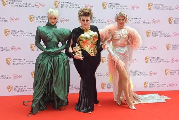 Bimini Bon Boulash, Lawrence Chaney and A'Whora arrive at the Virgin Media British Academy Television Awards 2021 at Television Centre on June 6,...
