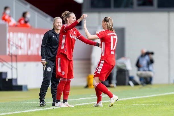 Simone Laudehr of FC Bayern Munich and Klara Buehl of FC Bayern Munich substitutes during the FLYERALARM Frauen Bundesliga match between FC Bayern...