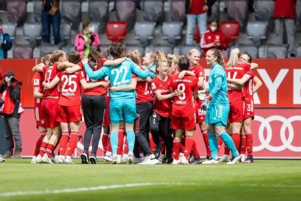 The team of FC Bayern Muenchen celebrate the winning of Bundesliga championship during the FLYERALARM Frauen Bundesliga match between FC Bayern...