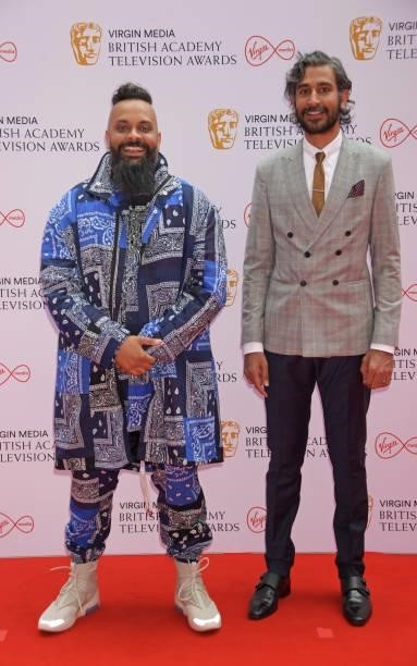 Guz Khan and Arslan Ashraf Moghai arrive at the Virgin Media British Academy Television Awards 2021 at Television Centre on June 6, 2021 in London,...