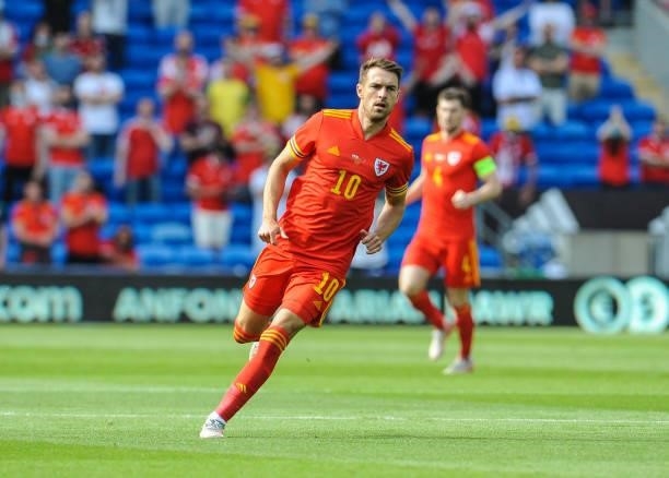 Wales Aaron Ramsey during the International friendly match between Wales and Albania at Cardiff City Stadium on June 5, 2021 in Cardiff, Wales.