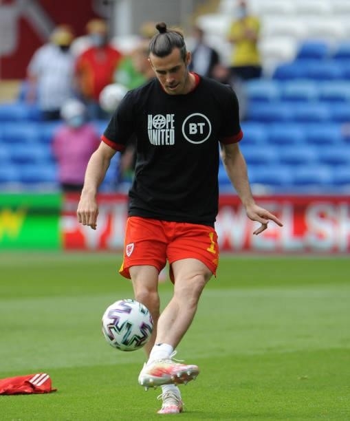 Wales Gareth Bale during the pre-match warm-up during the International friendly match between Wales and Albania at Cardiff City Stadium on June 5,...