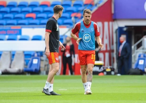 Wales Aaron Ramsey during the pre-match warm-up during the International friendly match between Wales and Albania at Cardiff City Stadium on June 5,...