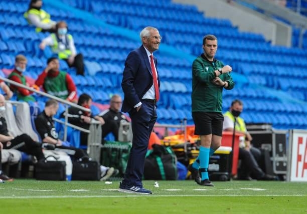 Albania's manager Edorardo Reja during the International friendly match between Wales and Albania at Cardiff City Stadium on June 5, 2021 in Cardiff,...
