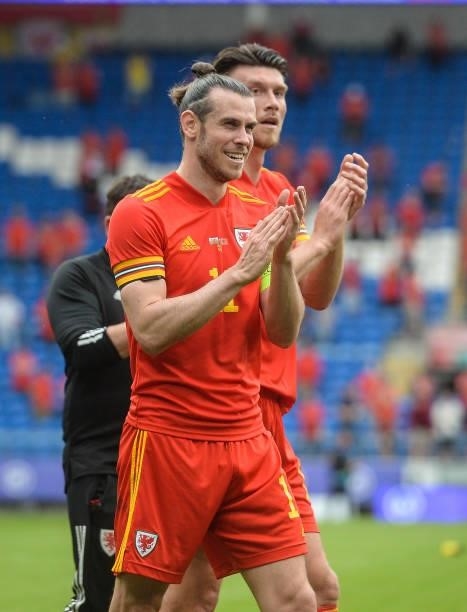 Wales Gareth Bale applauds the fans at the final whistle during the International friendly match between Wales and Albania at Cardiff City Stadium on...