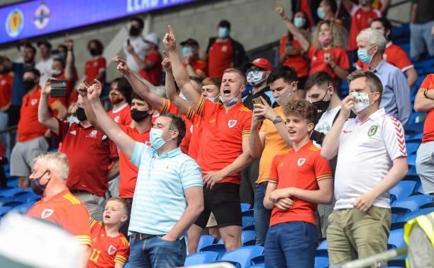 Wales fans are happy to be back watching football during the International friendly match between Wales and Albania at Cardiff City Stadium on June...