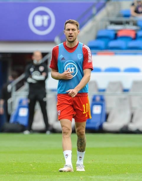 Wales Aaron Ramsey during the pre-match warm-up during the International friendly match between Wales and Albania at Cardiff City Stadium on June 5,...