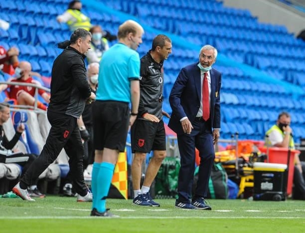 Albania's manager Edorardo Reja shouts at the lines man during the International friendly match between Wales and Albania at Cardiff City Stadium on...