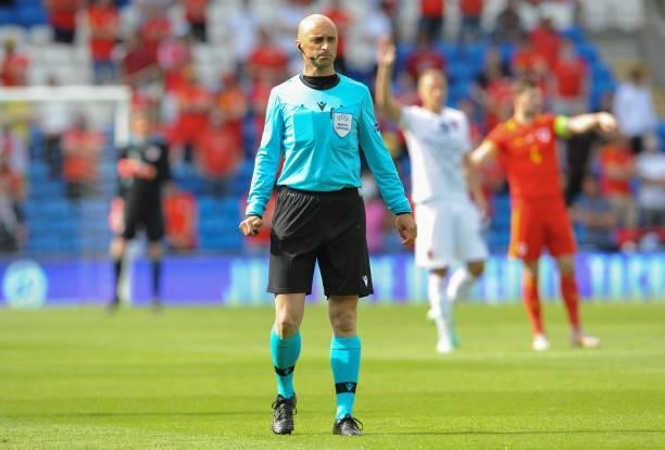 Referee Neil Doyle during the International friendly match between Wales and Albania at Cardiff City Stadium on June 5, 2021 in Cardiff, Wales.