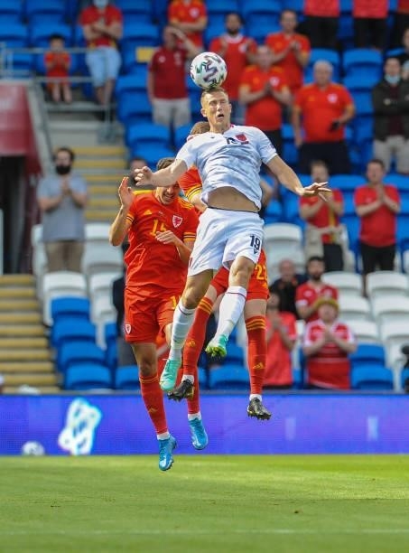 Albania's Bekim Balaj beats Wales Dylan Levitt to the header during the International friendly match between Wales and Albania at Cardiff City...