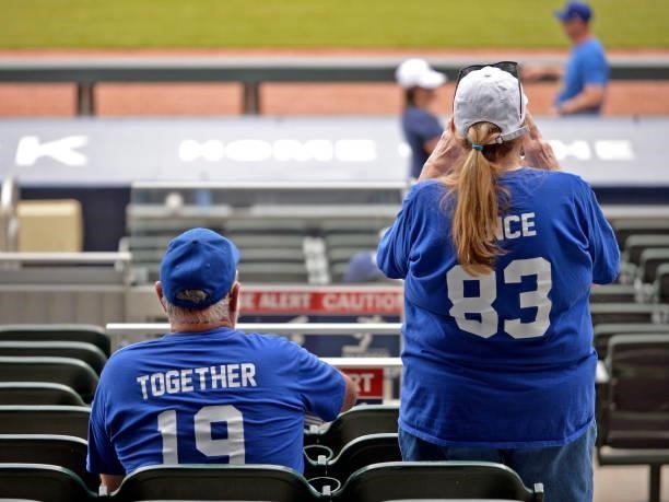 Fans wait for the start of the game between the Los Angeles Dodgers and the Atlanta Braves at Truist Park on June 6, 2021 in Atlanta, Georgia.