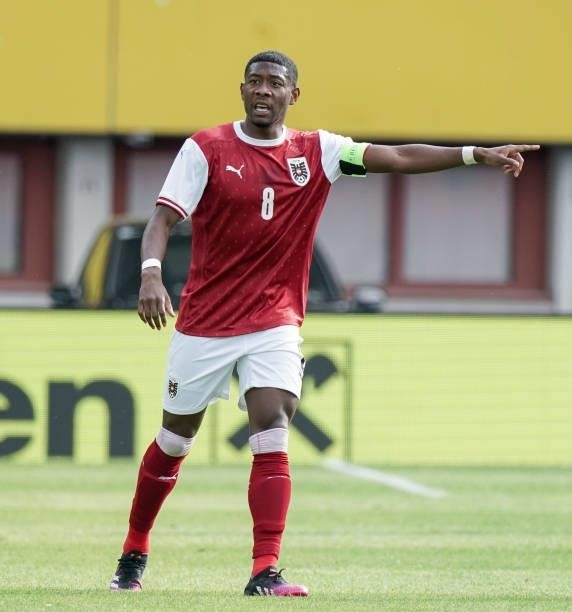 David Alaba of Austria gestures during the international friendly match between Austria and Slovakia at Happel Stadium on June 6, 2021 in Vienna,...