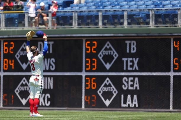 Bryce Harper of the Philadelphia Phillies acknowledges the fans before the first pitch of a game against the Washington Nationals at Citizens Bank...