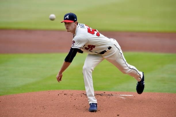 Max Fried of the Atlanta Braves pitches in the first inning against the Los Angeles Dodgers at Truist Park on June 6, 2021 in Atlanta, Georgia.