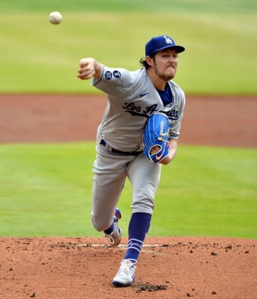 Trevor Bauer of the Los Angeles Dodgers pitches against the Atlanta Braves in the first inning at Truist Park on June 6, 2021 in Atlanta, Georgia.