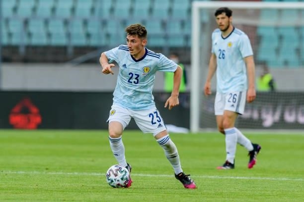 Billy Gilmour of Scotland controls the ball during the international friendly match between Luxembourg and Scotland at Josy-Barthel-Stadium on June...