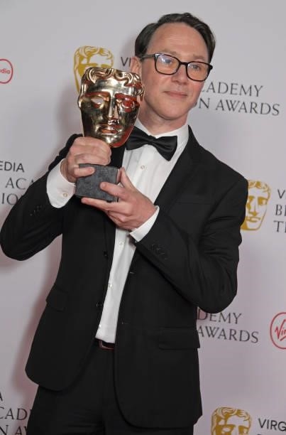 Reece Shearsmith, accepting the Scripted Comedy award for "Inside No. 9", poses in the Winners Room at the Virgin Media British Academy Television...