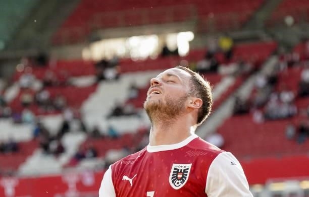 Marko Arnautovic of Austria looks on during the international friendly match between Austria and Slovakia at Happel Stadium on June 6, 2021 in...