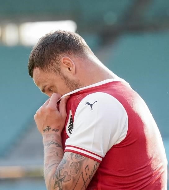 Marko Arnautovic of Austria looks dejected during the international friendly match between Austria and Slovakia at Happel Stadium on June 6, 2021 in...