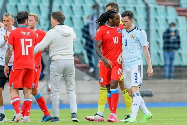 Gerson Rodrigues of Luxembourg and Andrew Robertson of Scotland speaks with during the international friendly match between Luxembourg and Scotland...